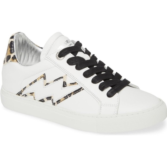 Zadig & Voltaire Wild Leo Leopard Print Trim Low Top Bolt Sneakers In Blanc 7 - Picture 1 of 13